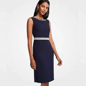 Navy Blue + White Cross Stitch Embroidered Sheath Dress